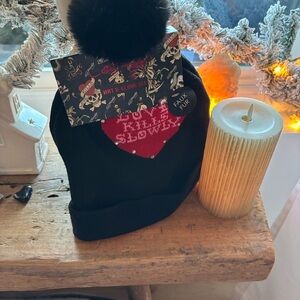 Ed Hardy Black Beanie with Red Heart and Faux Fur Pom
